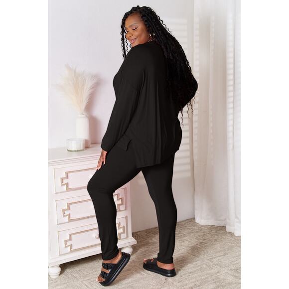 BASIC BAE Black V-Neck Soft Rayon Long Sleeve Top Pants Lounge Set NEW Misses - Picture 4 of 5
